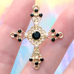 Gothic Cross Charm with Black Rhinestones and Pearl | Apostles Cross Budded Cross Pendant | Kawaii Goth Jewellery Making (1 piece / Gold / 31mm x 37mm)