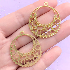 Filigree Crescent Moon Open Bezel Charm | UV Resin Jewellery Supplies | Mahou Kei Deco Frame | Kawaii Crafts (2 pcs / Gold / 30mm x 35mm)