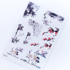 Chinese Painting Clear Film Sheet | Bamboo Japanese Cranes Plum Blossom Embellishments | Resin Art Supplies | Resin Inclusions