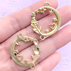 Flower Moon with Star and Heart Open Bezel for UV Resin | Kawaii Connector Charm | Magical Girl Jewellery DIY (2 pcs / Gold / 26mm x 33mm)