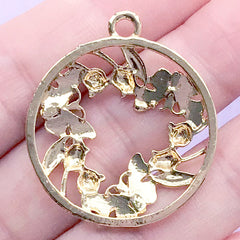 Butterfly Circle Open Backed Bezel | Insect Charm | Round Deco Frame for UV Resin Filling (1 piece / Gold / 29mm x 33mm)
