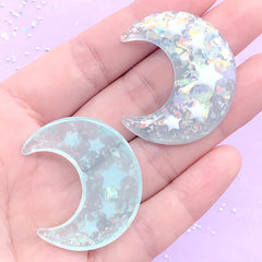 Kawaii Moon and Star Decoden Cabochons | Glitter Resin Cabochon | Cell Phone Case Decoration (2 pcs / Light Blue / 31mm x 36mm)