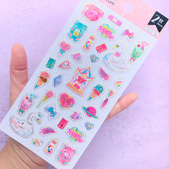 Whimsical Girly Stickers in Magical Rainbow Gradient Color | Swan Carousel Ice Cream Lollipop Bow Bear Telephone Stickers (2 sheets)