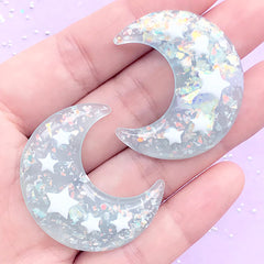 Kawaii Moon and Star Decoden Cabochons | Glitter Resin Cabochon | Cell Phone Case Decoration (2 pcs / Light Blue / 31mm x 36mm)