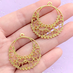 Filigree Crescent Moon Open Bezel Charm | UV Resin Jewellery Supplies | Mahou Kei Deco Frame | Kawaii Crafts (2 pcs / Gold / 30mm x 35mm)