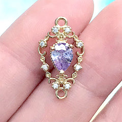 Sparkle Teardrop Rhinestone Connector Charm Link with Filigree Border | Magical Girl Jewelry Making (1 piece / Gold & Light Purple / 11mm x 20mm)