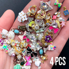 Nail Art Charm Assortment | Metal Embellishments with Rhinestones or Pearls for Nail Decoration | Resin Inclusions | Kawaii Craft Supplies (4 pcs by Random)