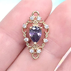 Magical Girl Teardrop Rhinestone Connector Charm Link with Filigree Border | Kawaii Jewellery Supplies (1 piece / Gold & Purple / 11mm x 20mm)