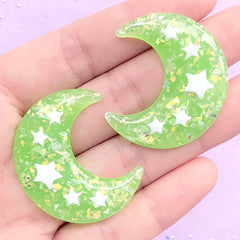 Magical Moon Cabochons with Star and Mica Flakes | Glittery Resin Cabochon | Kawaii Decoden Supplies (2 pcs / Green / 31mm x 36mm)