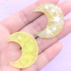 Mahou Kei Moon Cabochons with Star | Glittery Decoden Cabochon | Kawaii Phone Case Deco | Resin Flatbacks (2 pcs / Yellow / 31mm x 36mm)