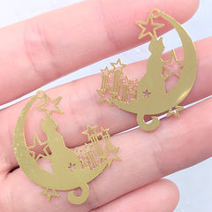 Kawaii Kitty and Moon and Shooting Star Metal Bookmark Charm | Resin Inclusions | Magical Girl Jewelry DIY (2 pcs / 24mm x 30mm)