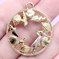 Seashell Circle Open Backed Bezel | Round Marine Life Charm | Sea Shell Deco Frame for UV Resin Crafts (1 piece / Gold / 29mm x 34mm)