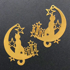 Kawaii Kitty and Moon and Shooting Star Metal Bookmark Charm | Resin Inclusions | Magical Girl Jewelry DIY (2 pcs / 24mm x 30mm)