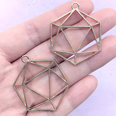 Icosahedron Open Bezel Charm | D20 Dice Deco Frame for UV Resin Filling | Sacred Geometry Jewelry Supplies (2 pcs / Gold / 30mm x 38mm)