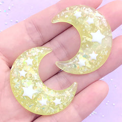 Mahou Kei Moon Cabochons with Star | Glittery Decoden Cabochon | Kawaii Phone Case Deco | Resin Flatbacks (2 pcs / Yellow / 31mm x 36mm)
