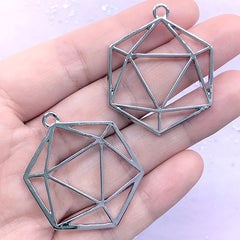 D20 Dice Open Bezel for UV Resin Filling | Icosahedron Deco Frame | Board Game Charm | Geometric Jewelry Supplies (2 pcs / Silver / 30mm x 38mm)