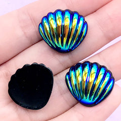 Dual Chrome Seashell Cabochons | Iridescent Decoden Pieces | Mermaid Phone Case Deco | Beach Embellishments (3 pcs / Black / 21mm x 19mm)