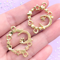 Kawaii Moon Circle with Star and Heart Open Bezel Connector Charm | Mahou Kei Jewelry | UV Resin Supplies (2 pcs / Gold / 24mm x 31mm)