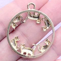 Cat Circle Open Bezel Pendant | Round Kitty Charm | Kawaii Pet Deco Frame for UV Resin Filling (1 piece / Gold / 29mm x 34mm)