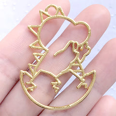 Baby Dino Open Bezel Charm | Dinosaur Deco Frame for UV Resin Filling | Kawaii Animal Jewelry Supplies (1 piece / Gold / 33mm x 45mm)