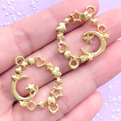 Kawaii Moon Circle with Star and Heart Open Bezel Connector Charm | Mahou Kei Jewelry | UV Resin Supplies (2 pcs / Gold / 24mm x 31mm)