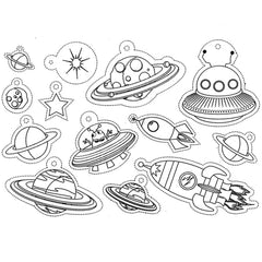 Planet Saturn UFO Rocket Shrink Plastic Sheet | Ready to Use Shrinkable Plastic Film with Cute Drawing | Kawaii Papercraft Supplies (1 Sheet / Translucent / 20cm x 29cm)