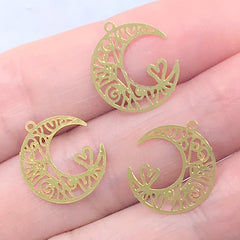 Filigree Moon Bookmark Charm | Open Deco Frame for UV Resin Jewellery DIY | Mini Metal Embellishments for Resin Craft (3 pcs / 14mm x 16mm)