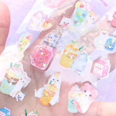 Kawaii Kitty and Ice Cream Stickers in Dreamy Color | Cute Cat and Drink Sticker | Whimsical Planner Stickers