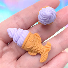 Dollhouse Taiyaki Ice Cream Cabochons | Miniature Food Jewelry Making | Sweet Deco Supplies (2 pcs / Taro Purple / 17mm x 39mm)