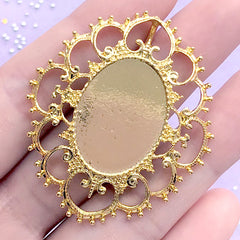 DEFECT Oval Bezel Charm with Decorative Border | Filigree Bezel Tray | Cameo Setting | UV Resin Jewellery DIY | (1 piece / Gold / 41mm x 47mm)