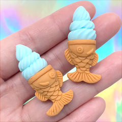 Blue Moon Ice Cream Cabochons | Miniature Taiyaki Ice Cream Cone | Mini Food Craft | Kawaii Decoden DIY (2 pcs / Blue / 17mm x 39mm)