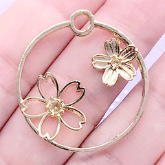Cherry Blossom Circle Open Bezel Charm | Round Sakura Deco Frame | Floral Pendant | Kawaii UV Resin Jewelry DIY (1 piece / Gold / 29mm x 31mm)