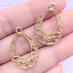 Openwork Teardrop Charm | Filigree Tear Drop Open Bezel Pendant | Deco Frame for UV Resin Filling (2 pcs / Gold / 18mm x 27mm)