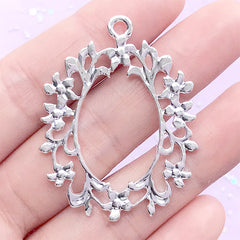 Oval Filigree Flower Deco Frame for UV Resin Filling | Floral Open Bezel Charm | Resin Jewelry Supplies (1 piece / Silver / 34mm x 43mm)