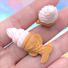 Miniature Taiyaki Fish Ice Cream Cabochons | Dollhouse Sweet Deco | Kawaii Food Jewellery DIY (2 pcs / Strawberry Light Pink / 17mm x 39mm)