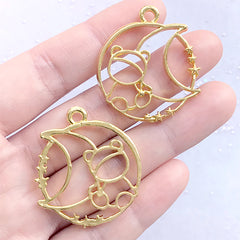 Moon and Bear Circle Open Bezel Charm | Animal Deco Frame for UV Resin Filling | Kawaii Jewelry Making (2 pcs / Gold / 32mm x 35mm)