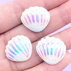 Aura Shell Cabochon | Iridescent Resin Cabochons | Kawaii Mermaid Decoden | Resin Seashell Embellishments (3 pcs / White / 21mm x 19mm)
