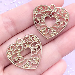 Heart Openwork Charm | Filigree Open Back Bezel Pendant | Deco Frame for UV Resin Jewellery Making (2 pcs / Gold / 25mm x 23mm)