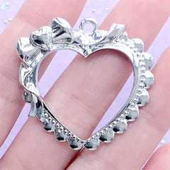 Lace Heart with Ribbon Open Bezel Pendant | Kawaii Lolita Deco Frame for UV Resin Filling (1 piece / Silver / 38mm x 36mm)