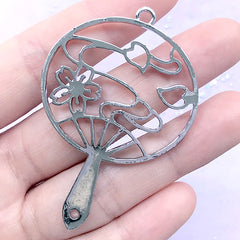 Sakura Hand Fan Open Bezel Charm | Cherry Blossom Handheld Fan Pendant | UV Resin Jewelry Supplies (1 piece / Silver / 40mm x 58mm)