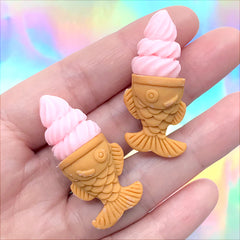 Ice Cream with Taiyaki Cone Cabochons | Doll Food Supplies | Kawaii Miniature Sweet Deco (2 pcs / Strawberry Pink / 17mm x 39mm)