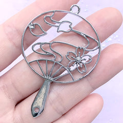 Sakura Hand Fan Open Bezel Charm | Cherry Blossom Handheld Fan Pendant | UV Resin Jewelry Supplies (1 piece / Silver / 40mm x 58mm)