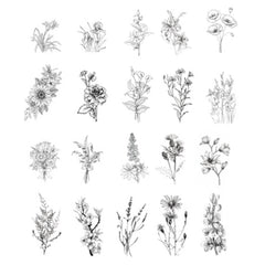 Flowers and Leaves Drawing Stickers in Black and White | Floral Embellishments for Scrapbooking | Resin Inclusion (40 pcs)