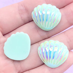 Iridescent Seashell Cabochon | Mermaid Decoden Phone Case Making | Beach Decor | Marine Life Embellishments (3 pcs / Green / 21mm x 19mm)