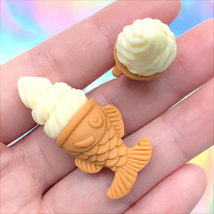 Dollhouse Ice Cream in Taiyaki Cone Cabochons | Miniature Food Craft | Kawaii Decoden Supplies (2 pcs / Mango Yellow / 17mm x 39mm)