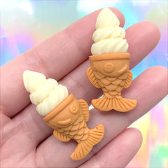 Dollhouse Ice Cream in Taiyaki Cone Cabochons | Miniature Food Craft | Kawaii Decoden Supplies (2 pcs / Mango Yellow / 17mm x 39mm)