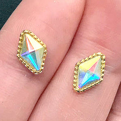 AB Clear Rhombus Rhinestones with Setting | Iridescent Glass Rhinestones | Fake Faceted Gemstones | Kawaii Jewelry Making (2 pcs / 7mm x 10mm)