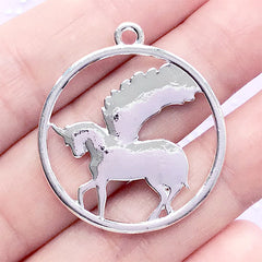 CLEARANCE Winged Unicorn Circle Open Bezel Charm | Pegasus Deco Frame for UV Resin Filling | Mahou Kei Jewelry (1 piece / Silver / 30mm x 33mm / 2 Sided)