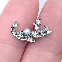 Flower Nail Charm with Pearl and Rhinestone | Floral Metal Embellishment | Nail Art Supplies (2 pcs / Silver / 9mm x 16mm)