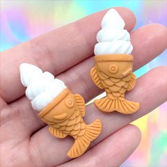Taiyaki Ice Cream Cabochons | Miniature Sweet Deco | Kawaii Jewelry DIY | Doll Food Craft Supplies (2 pcs / Vanilla White / 17mm x 39mm)